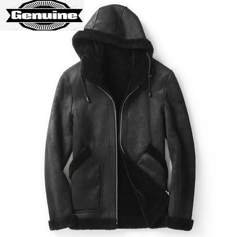 

Jackets Real Wool Hooded 100% Men Winter 2023 Casual Sheep Shearling Coat Male Black Fur Coats Casaco Masculino Gxy931