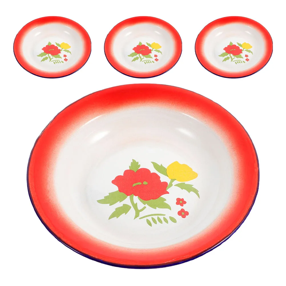 

4pcs Enamel Plates Retro Design Large Capacity Material Camping Dishes Dinnerware Bowls Kitchen Plates