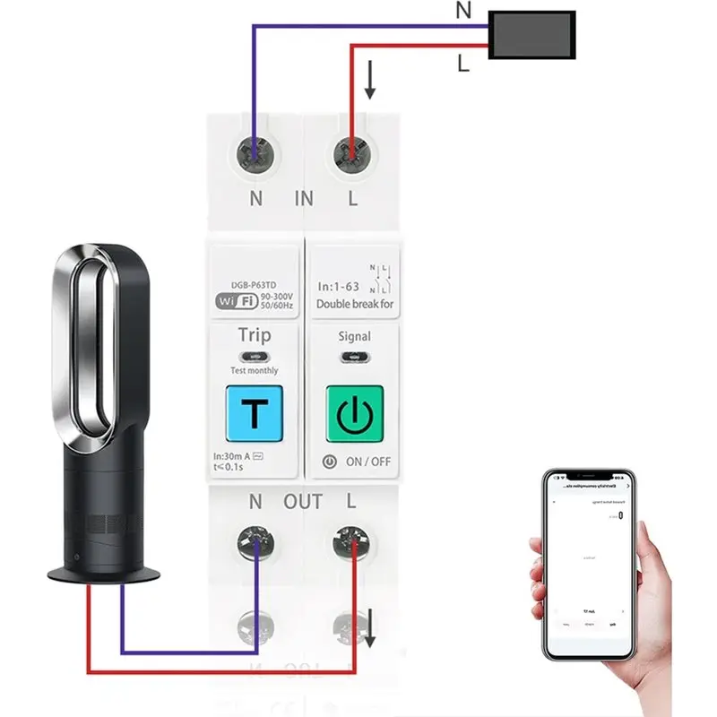 A01F-WIFI Smart Switch For ENERGY Meter Circuit Breaker 63A 2P Voltage Current Leakage Temperature Protection Cut Off L+ N