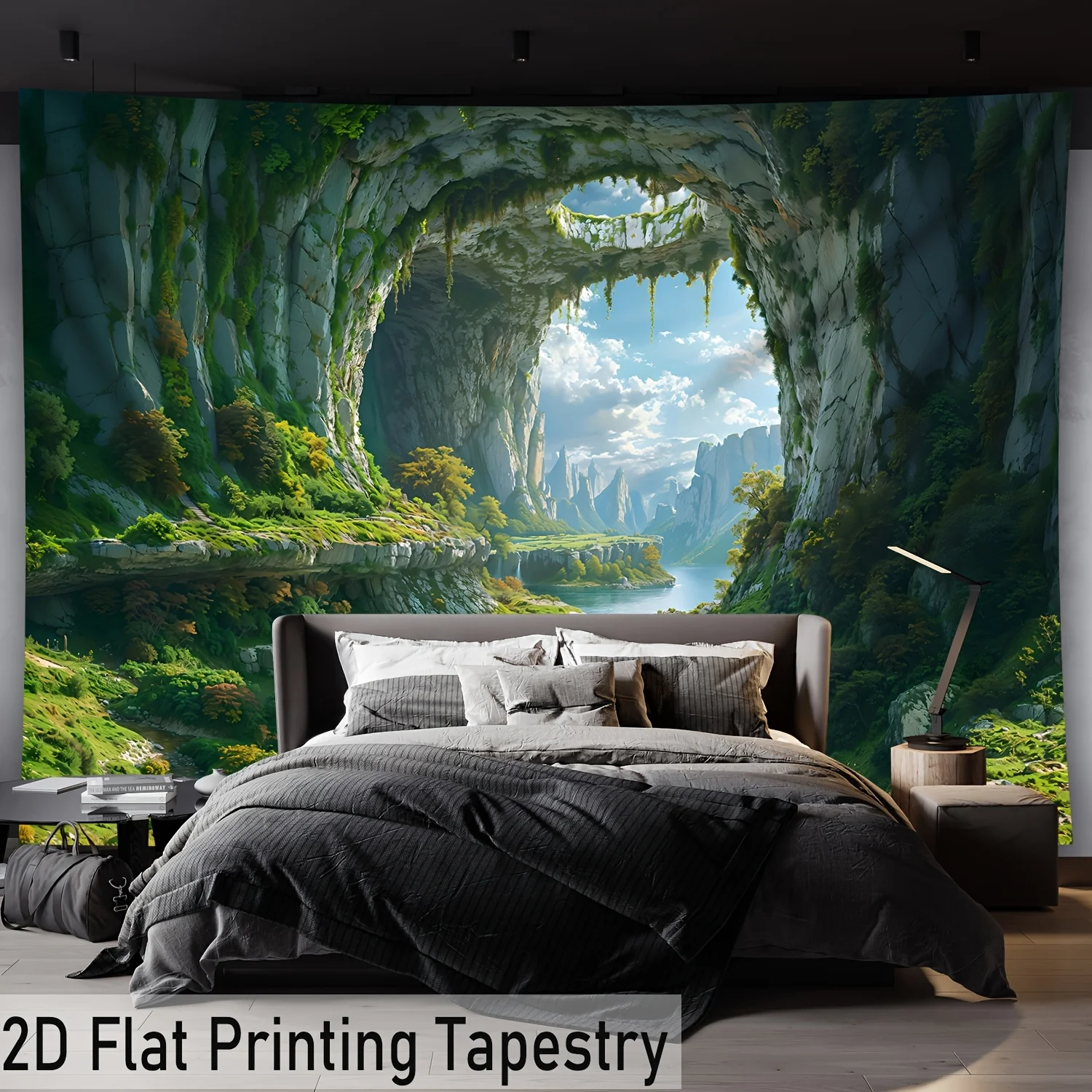Ultra Large Cave Sky Tapestry 2D Flat Printing Landscape Art with River and Green Valley for Living Room Bedroom Decor