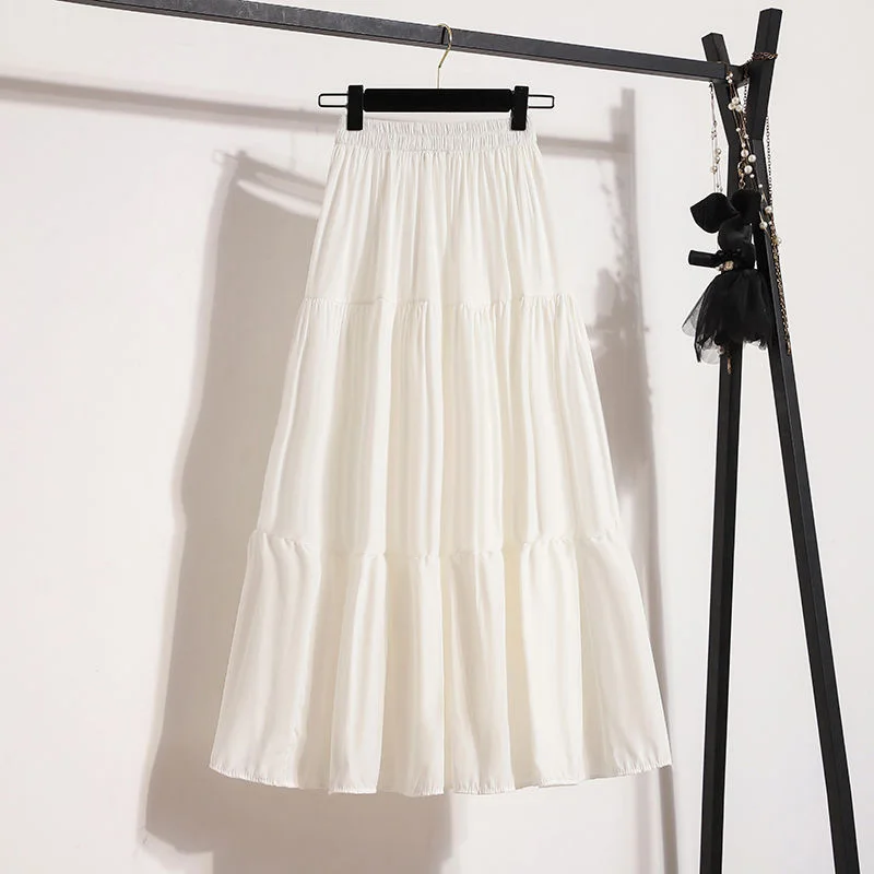 Faldas largas blancas de verano para mujer, falda dulce acampanada de pastel largo coreano elástico de cintura alta, nueva en ropa, tendencia de moda informal