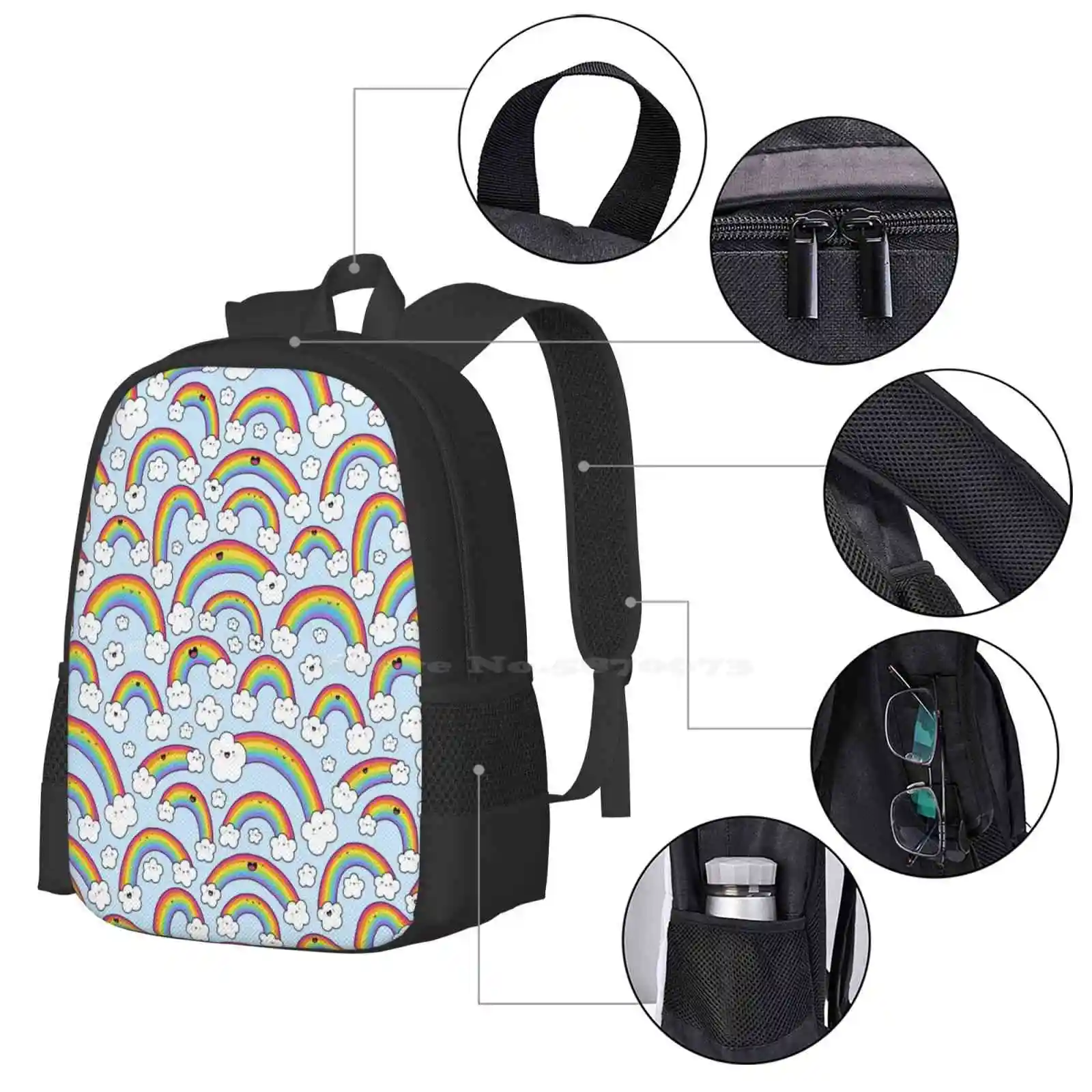 Rainbows Everywhere! Backpack For Student School Laptop Travel Bag Rainbows Pride Kawaii Kirakiradoodles Clouds