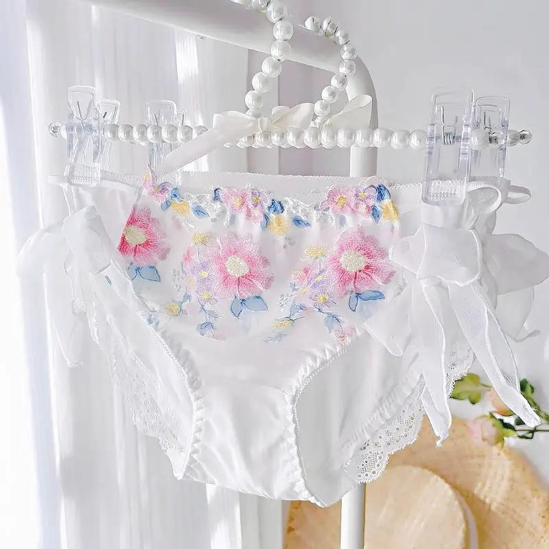 

Embroidered Flowers Japanese Bow Tie Sissy Low Waist Underwear Women's Lace Edge Lolita Girls' Triangle Pants