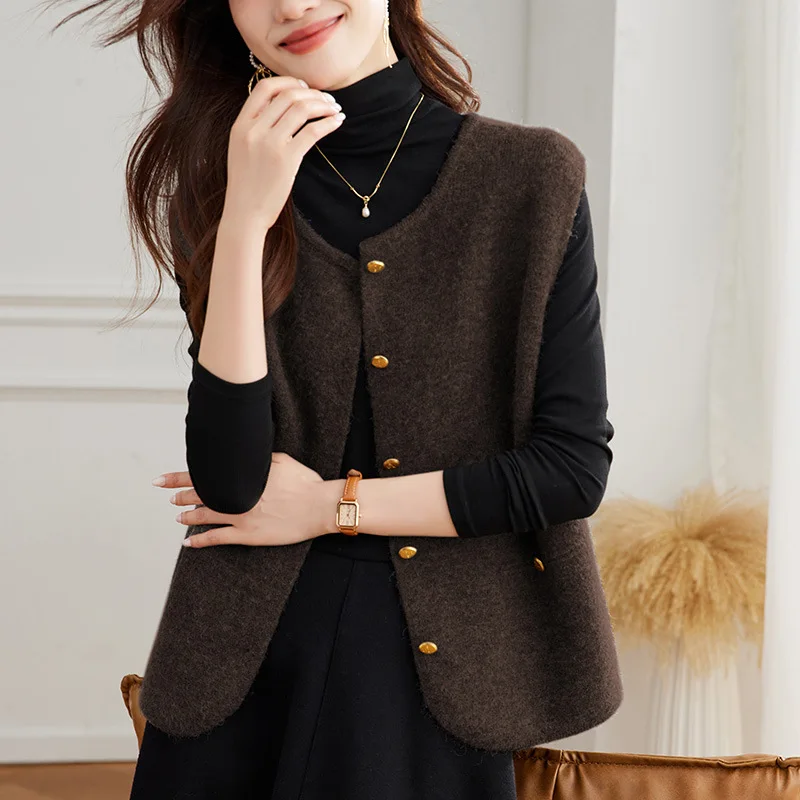 Modny dzianinowy okrągły kardigan bez rękawów damski jesienny nowy styl koreański uniwersalny lekki długi sweter