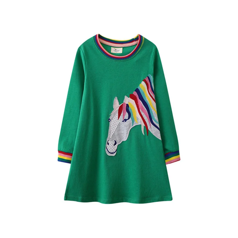 Jumping Meters Long Sleeve Horse Applique Hot Selling Children\'s Dresses Fashion Birthday Kids Clothing Autumn Spring Toddler