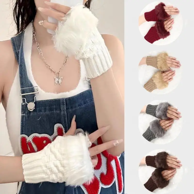 

Faux Rabbit Fur Knitted Gloves Fingerless Mittens Winter Wrist Hand Warmer Y2k Style Women's Winter Glove Warm Wrist Gloves