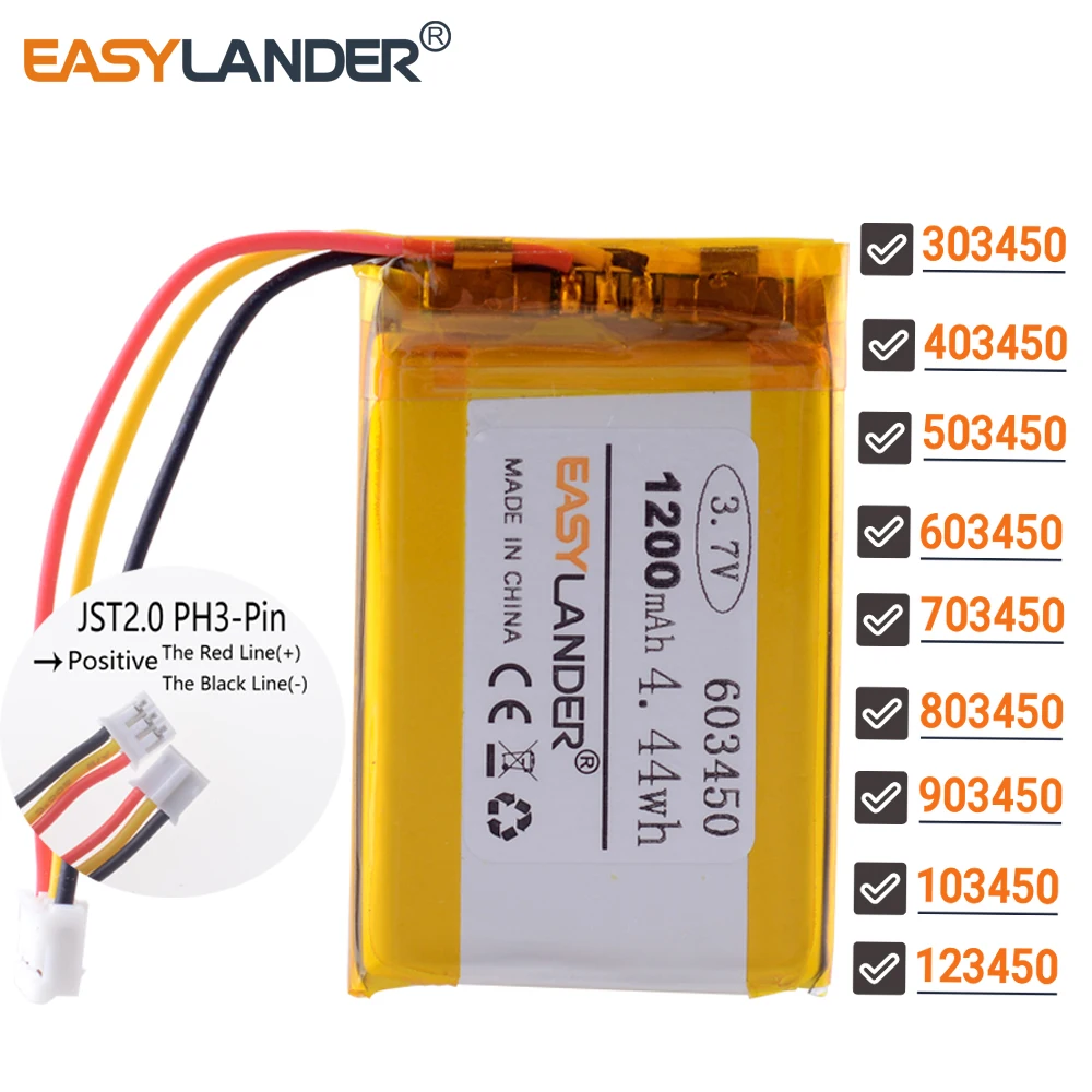 JST2.0mm 3Pin 403450 3.7V 700mAh Lithium Lipo Li-ion Polymer Battery 303450 503450 603450 703450 803450 903450 103450 123450