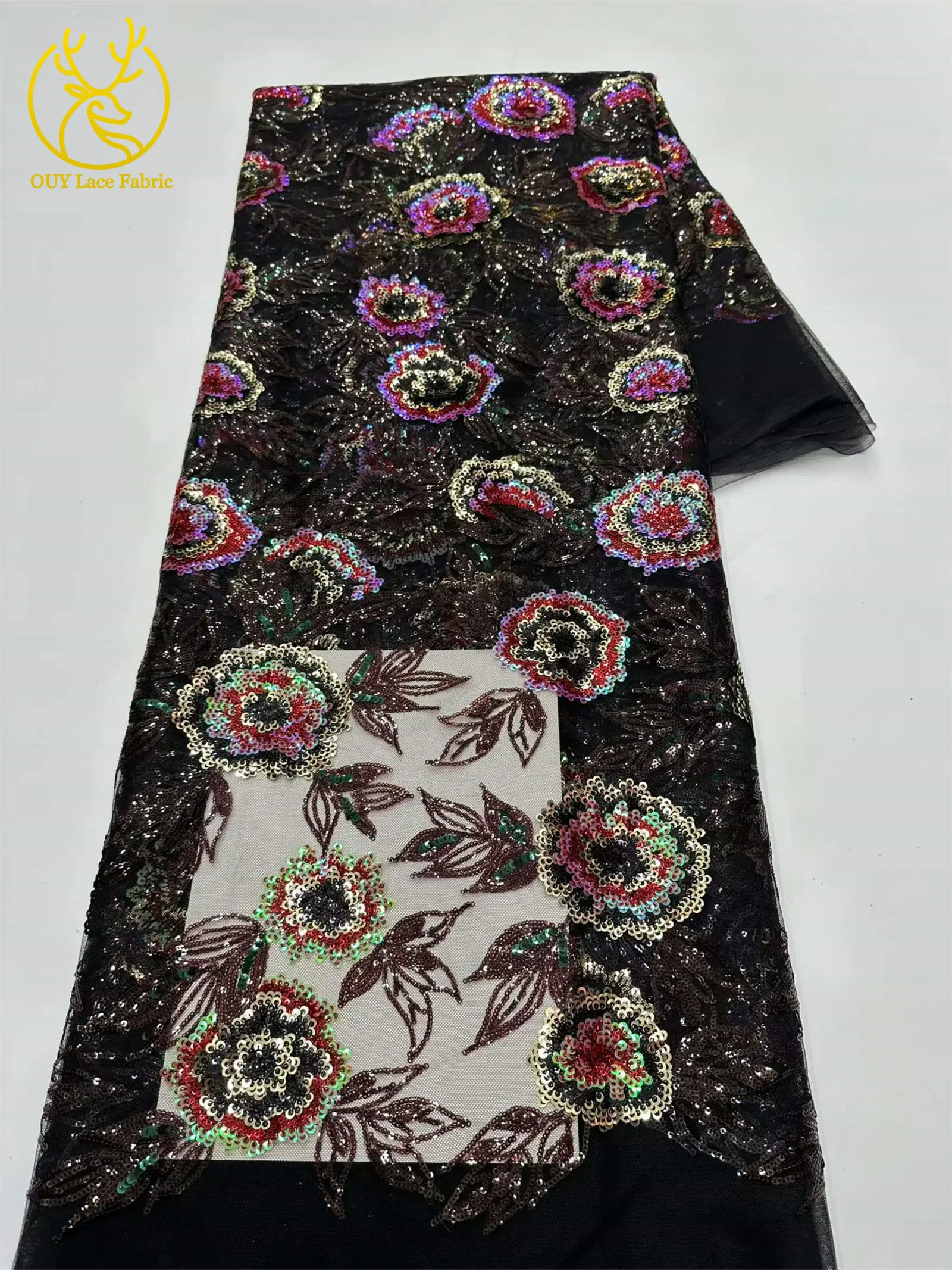 Luxuriöser afrikanischer Spitzenstoff 2026, schwarzer nigerianischer Spitzenstoff mit Perlen und Pailletten für Damen, elegantes Partykleid, Nähzubehör, 5 Yards – Detail 10