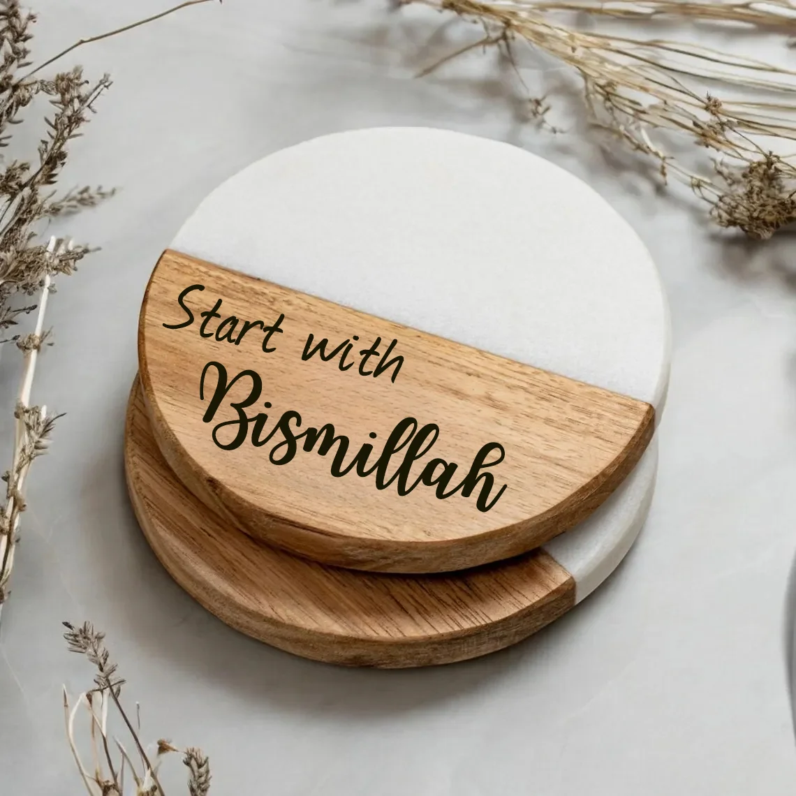 Start with Bismillah Engraved Marble Wood Coasters Eid Mubarak Ramadan Home Decor Gift for Islamic Eid Al-Adha Hajj Iftar Item