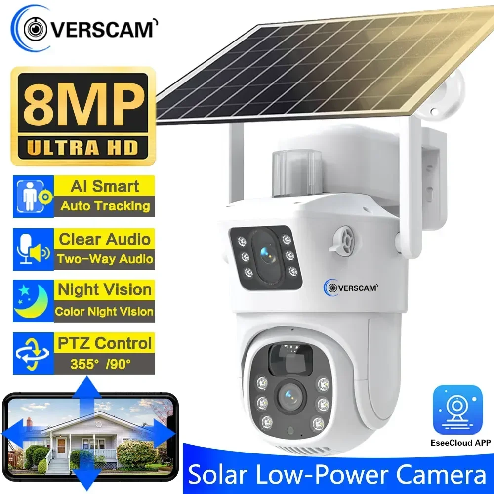 8mp Solar Panel Ptz Camera Wifi Outdoor CCTV Camara Auto Tracking Night Vision Eseecloud Security Protection Built in Battery 4k