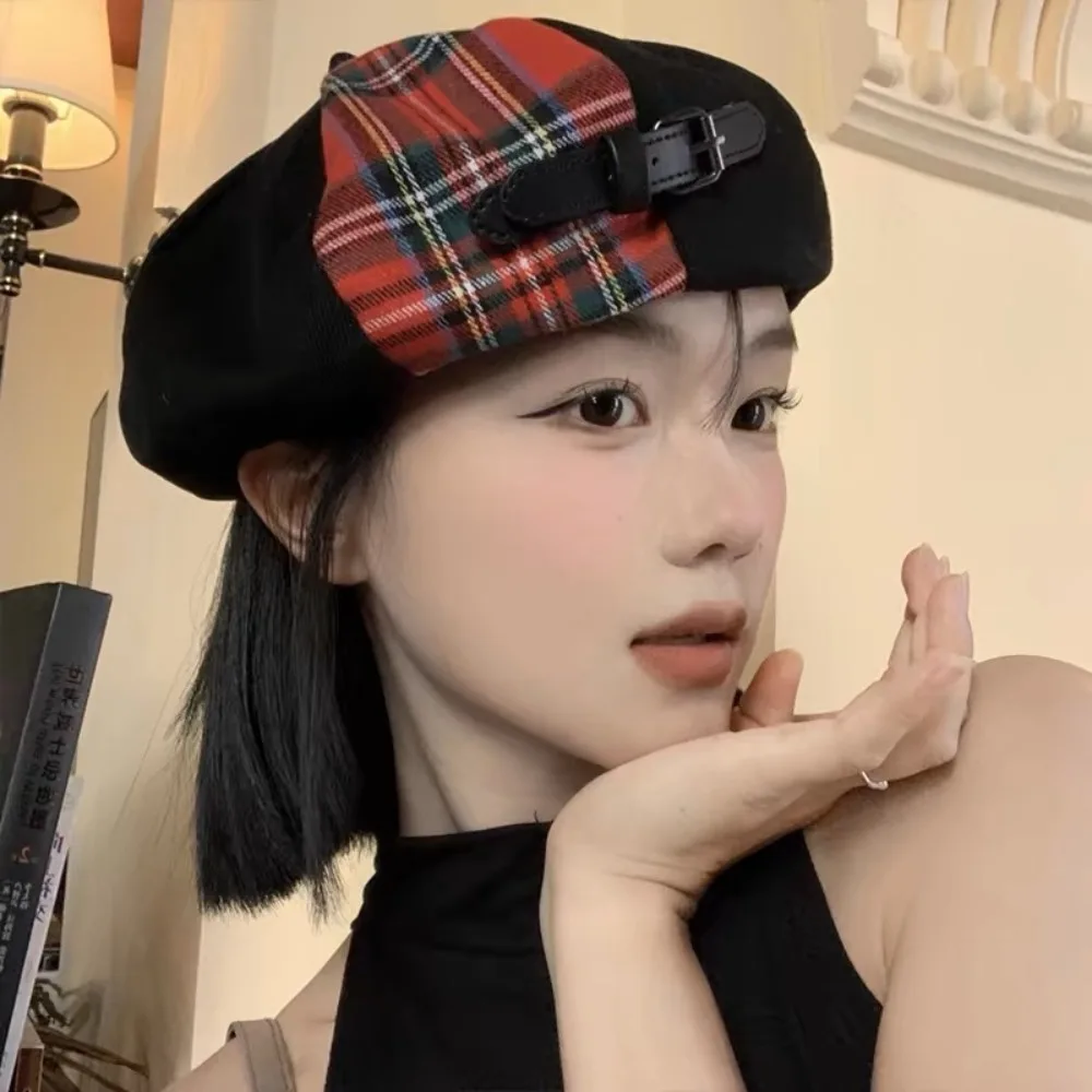 Vintage Keep Warm Vintage English Hat Large Head Girth Korean Style Red Tartan Beret Sweet Comfortable Checkered Bud Caps Girls