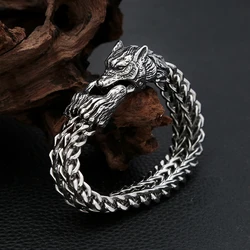 Punk Vintage Viking Wolf Head Bracelet Stainless Steel Men's Animal Wristband Charm Trendy Mesh Chain Bangles Fashion Jewelry