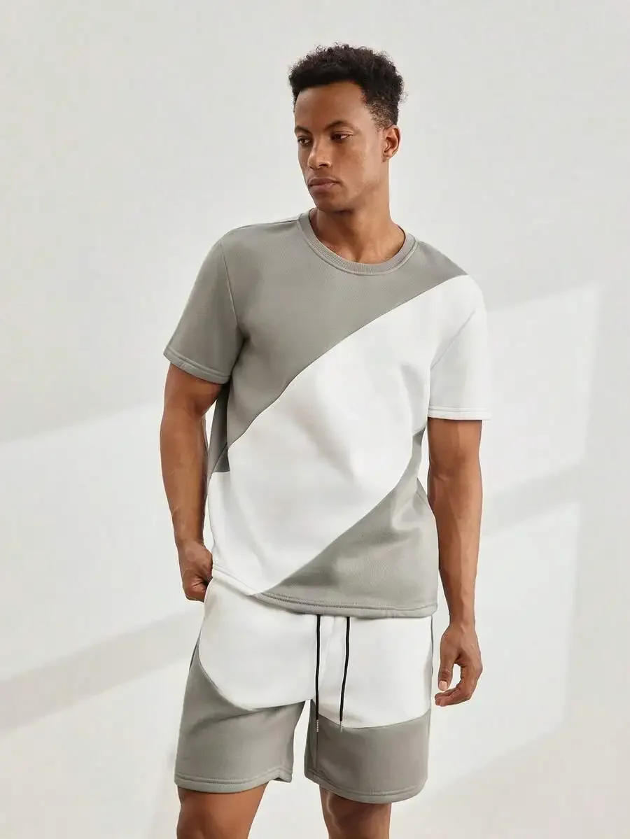 

Mens Diagonal Color Block T-Shirt And Shorts 2 Piece Set Casual Streetwear