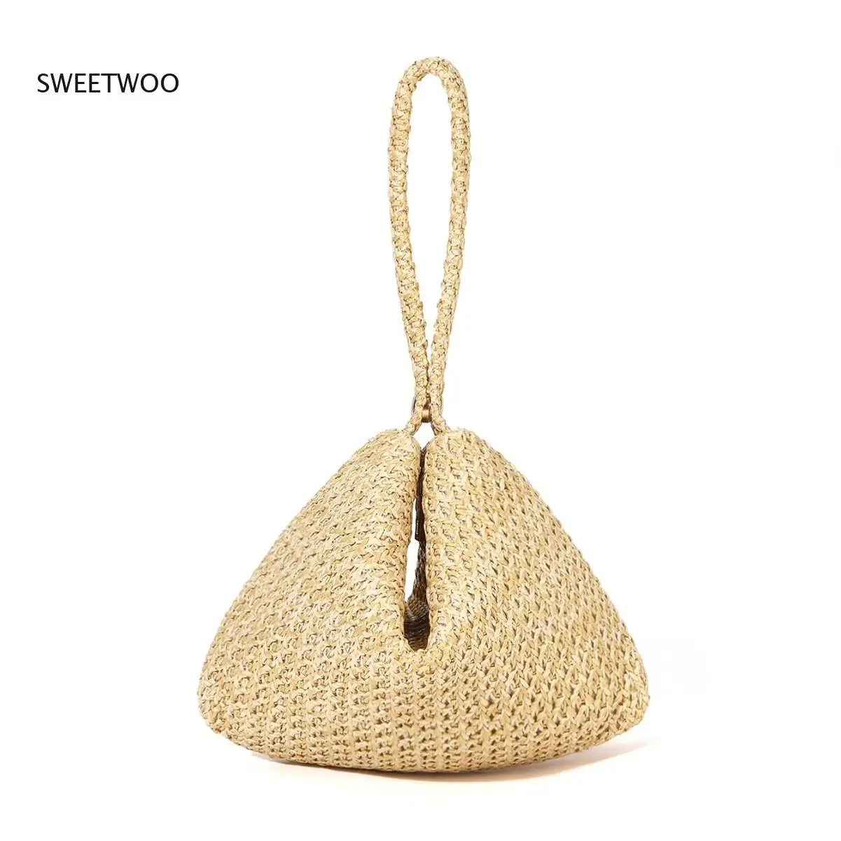 2026 Women Straw Woven Handbag with Bead Detail Triangle Shaped Casual Summer Purse