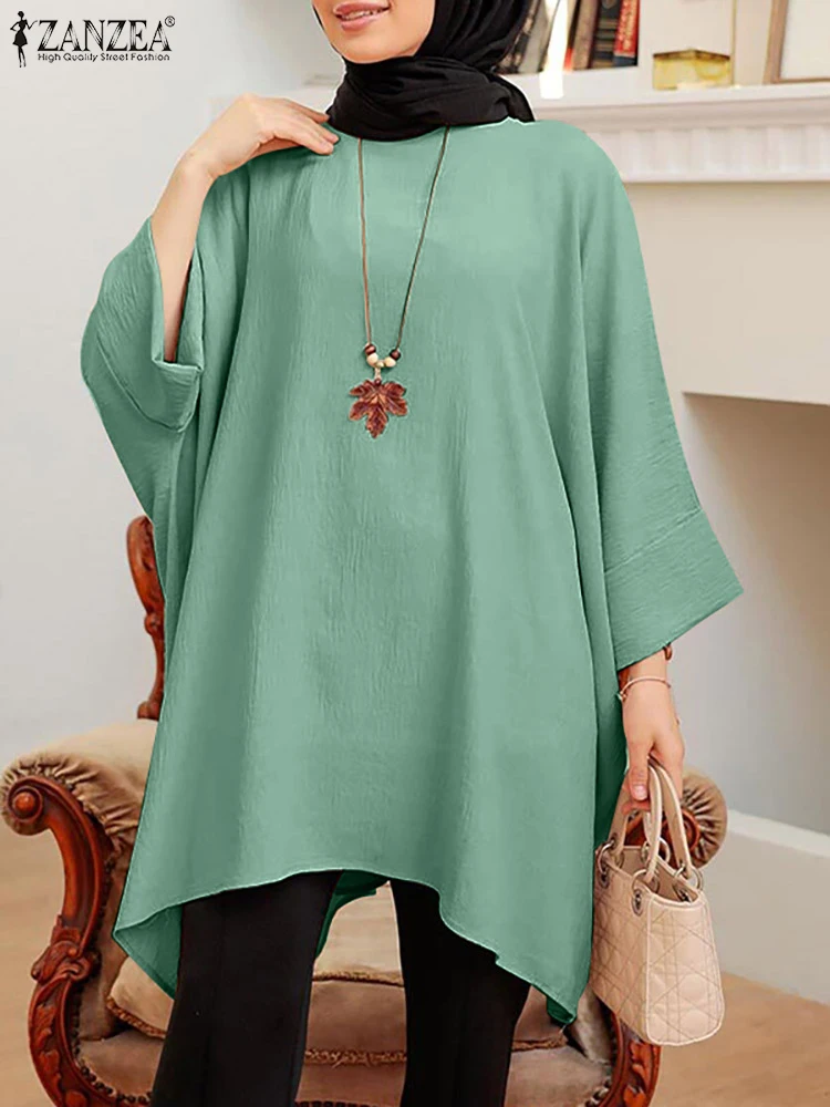 Women Fashion Long Sleeve Muslim Blouse ZANZEA Elegant Tunic Tops Solid Shirt Female Casual Loose Ramadan Abaya Turkey Blusas