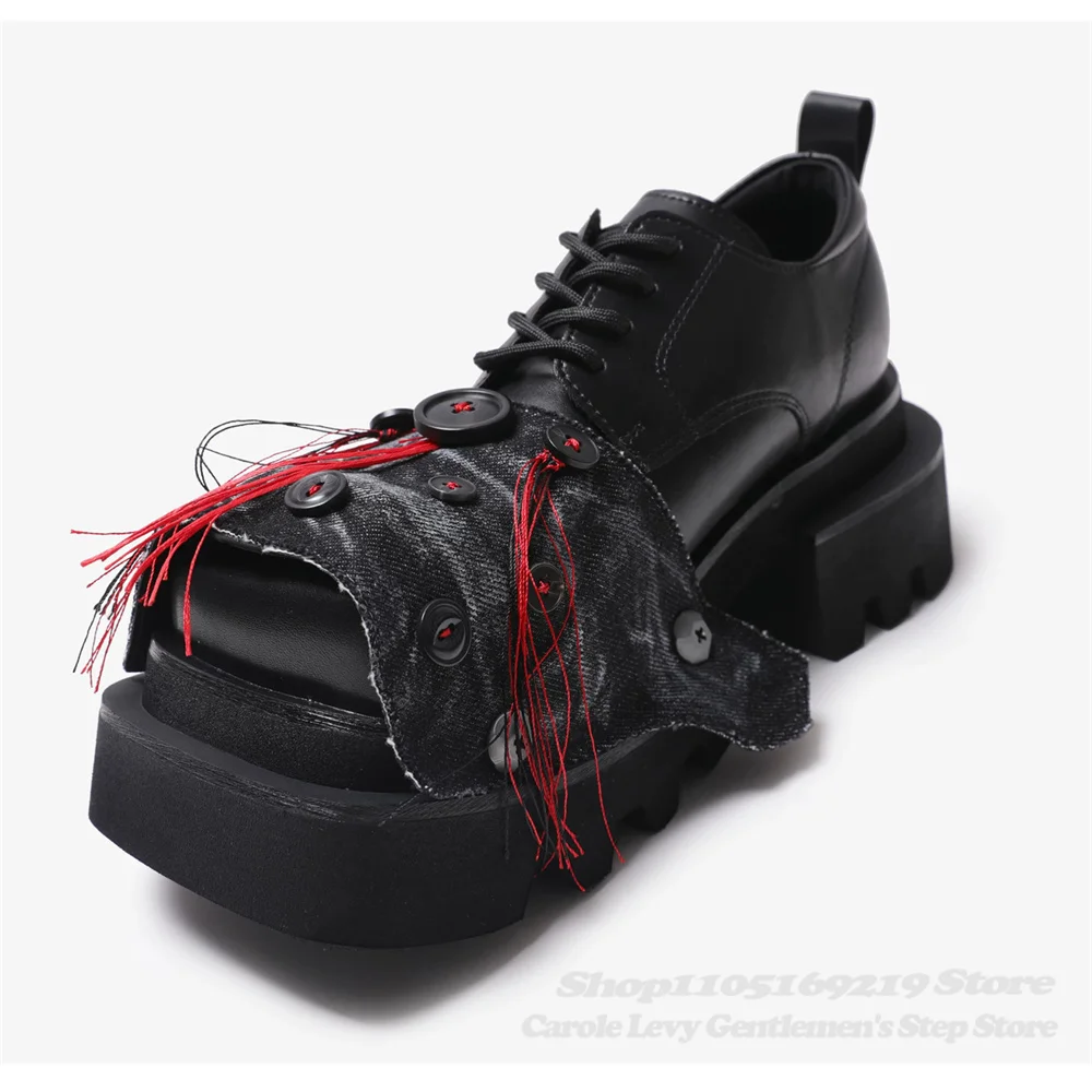 Men Black Street Thick Soled Derby Shoes Denim Fabric Button Tassel Square Toe Height Increasing Lace Up Handmade Leather Shoes