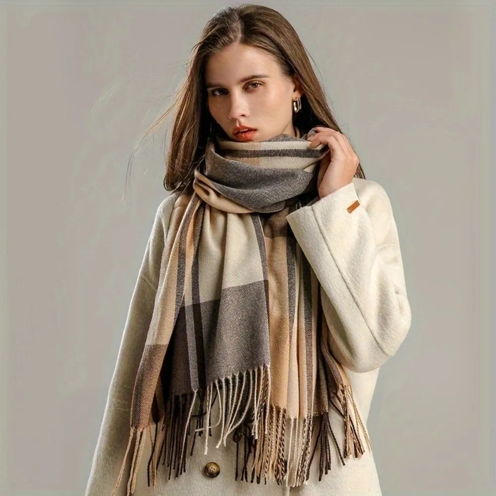 

Simple Windproof Plaid Scarf Keep Warm Thick Imitation Cashmere Shawl Long Korean Style Shawl Wrap Girl