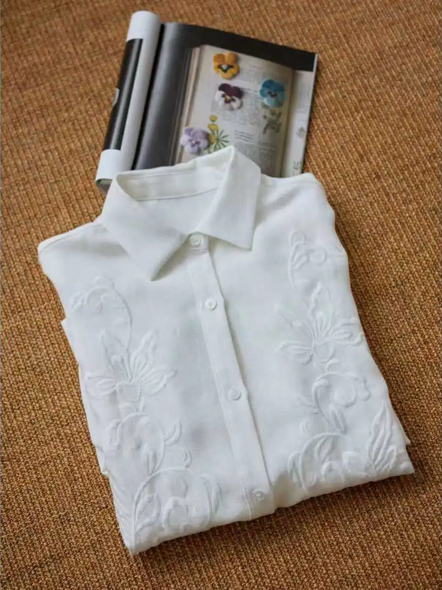 Largo largo Sve cuello bordado mujer irt primavera otoño blanco Casual Faion coreano Sle mezcla de poliéster