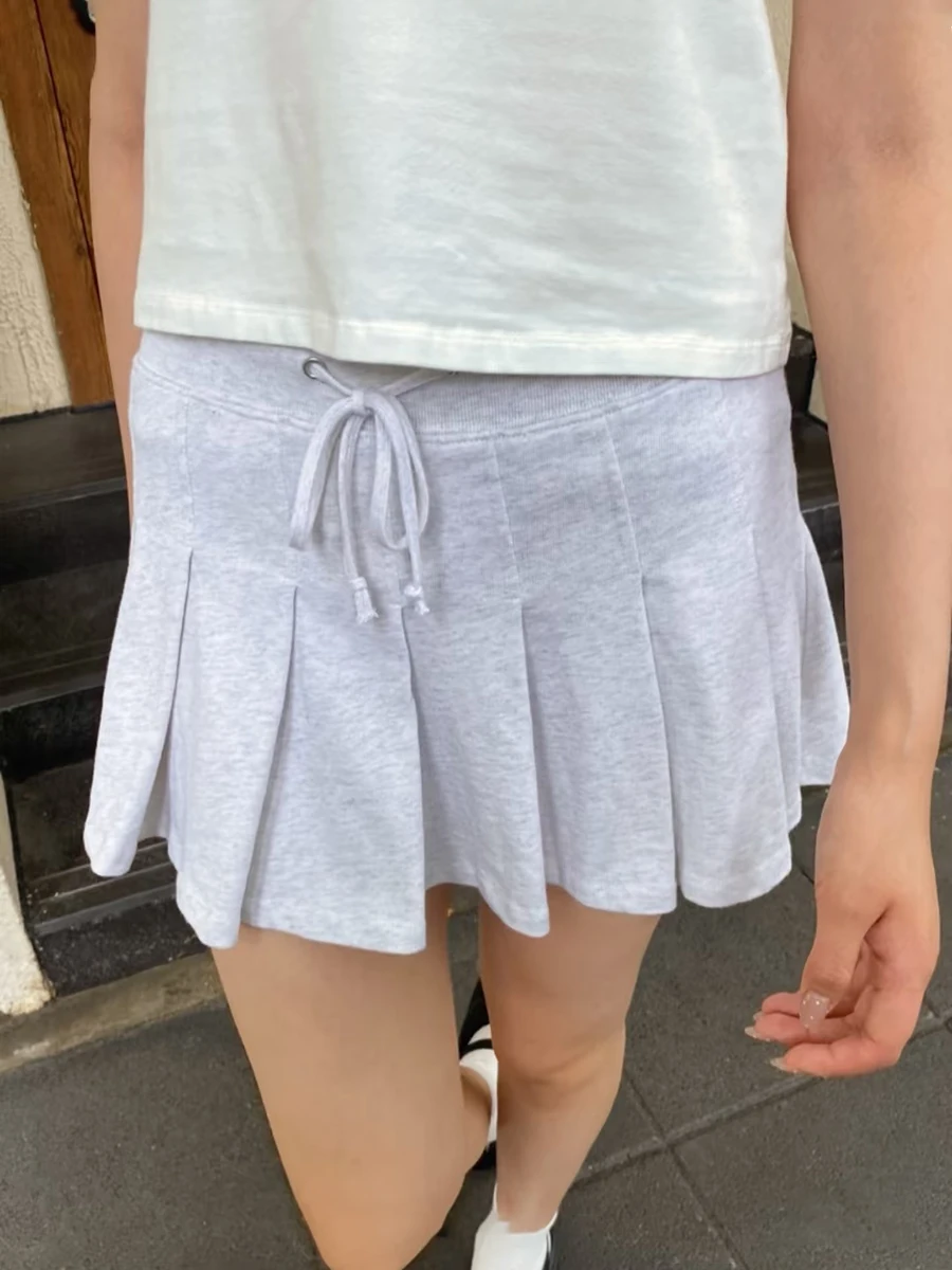 

Drawstring Gray Mini Pleated Skirt Women Summer Elastic Waist Simple A-line Faldas Sweet Preppy Style Solid Sport Short Skirts