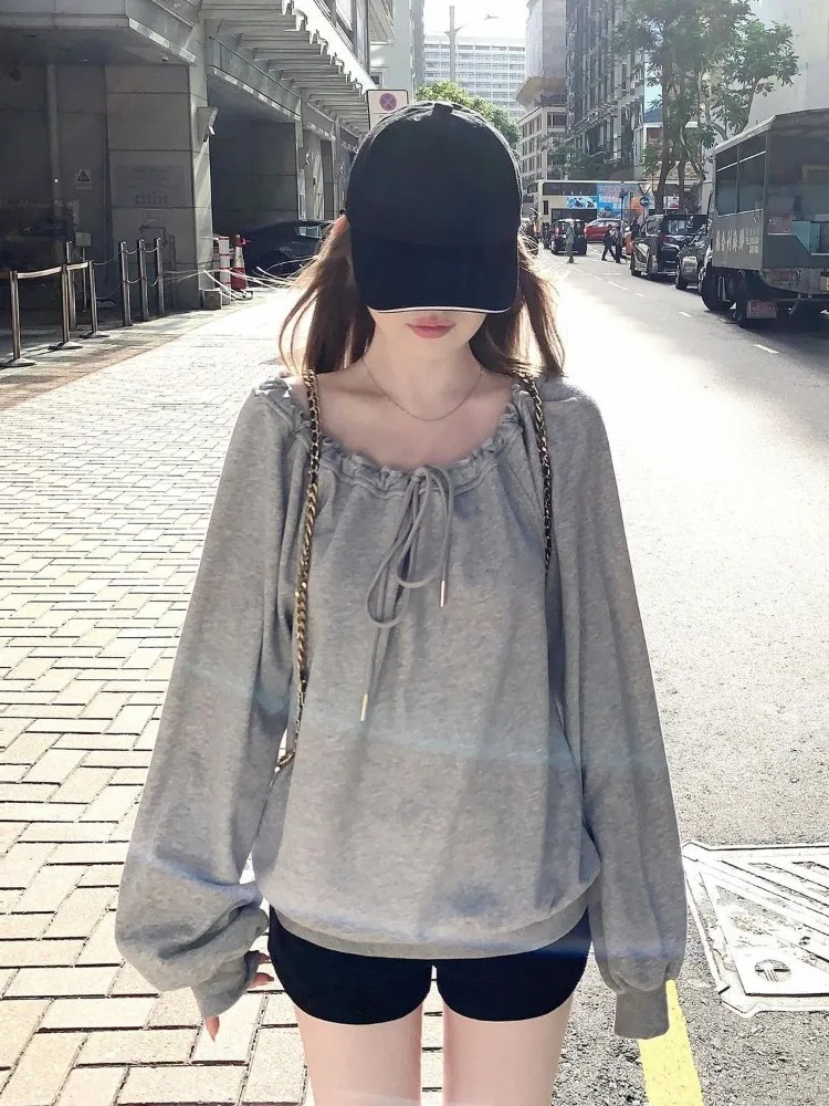 Sweatshirts Women Sexy Drawstring O Neck Long Sleeve Loose Off Shoulder Vintage Autumn Fashion Tops Female Casual