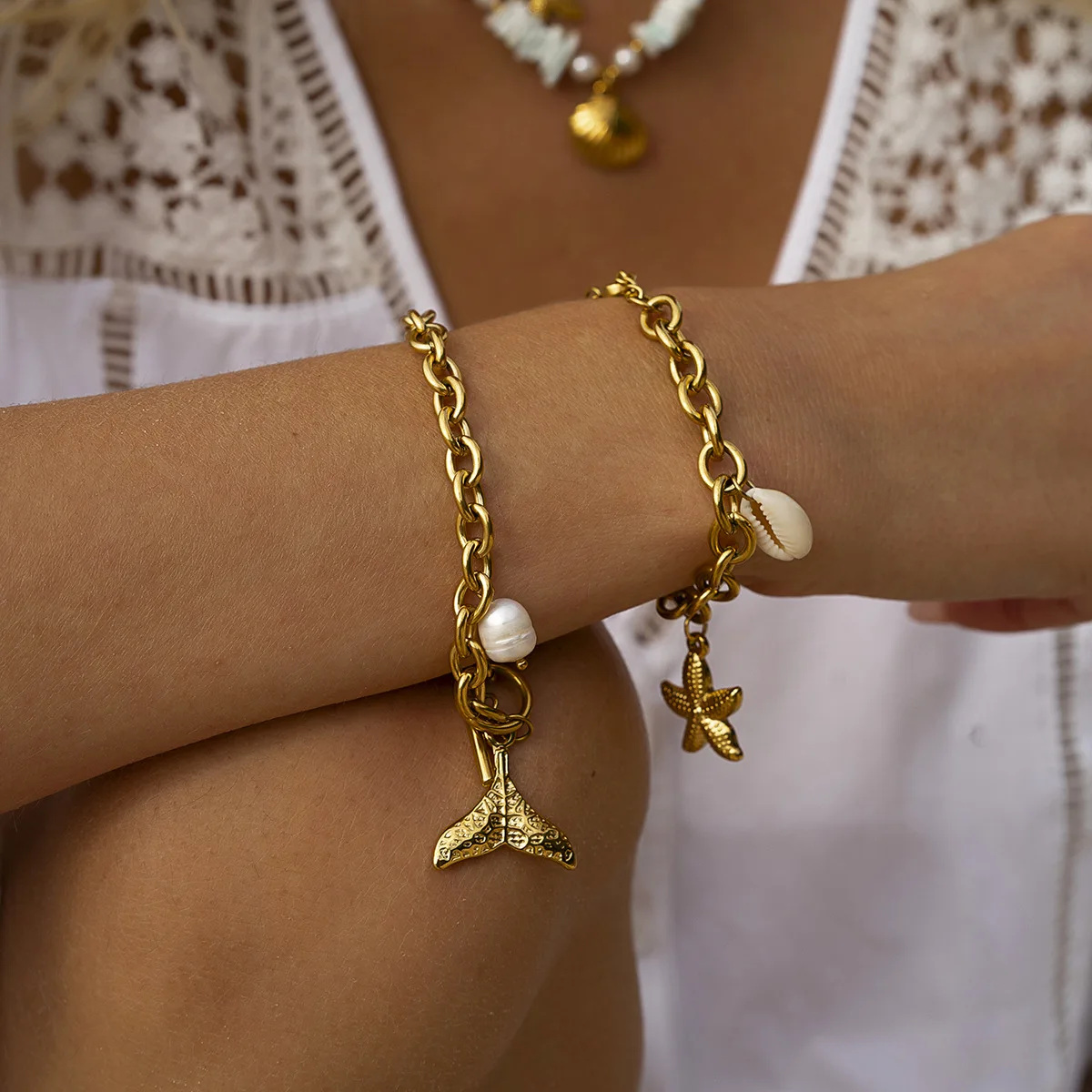 

18k Gold-plated Stainless Steel Starfish Shell Conch Pendant Bracelet Women 2024 Summer Ocean Style Beach Metal Bracelet Party