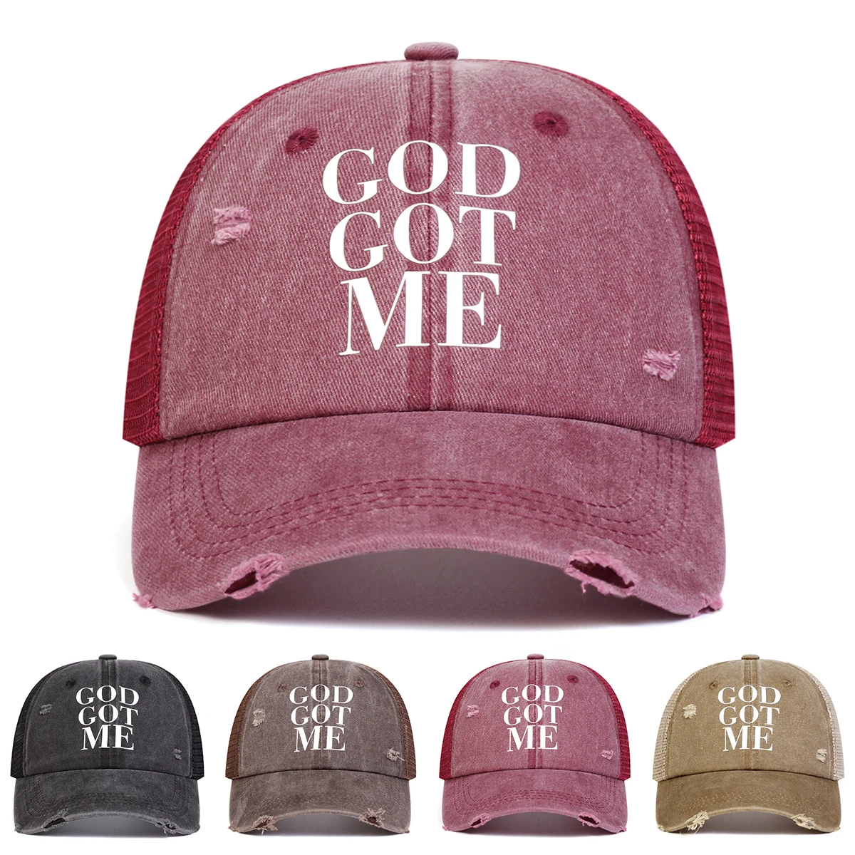 Unisex GOD GOT ME Letter Print Wash Baseball Net Caps Hip Ho