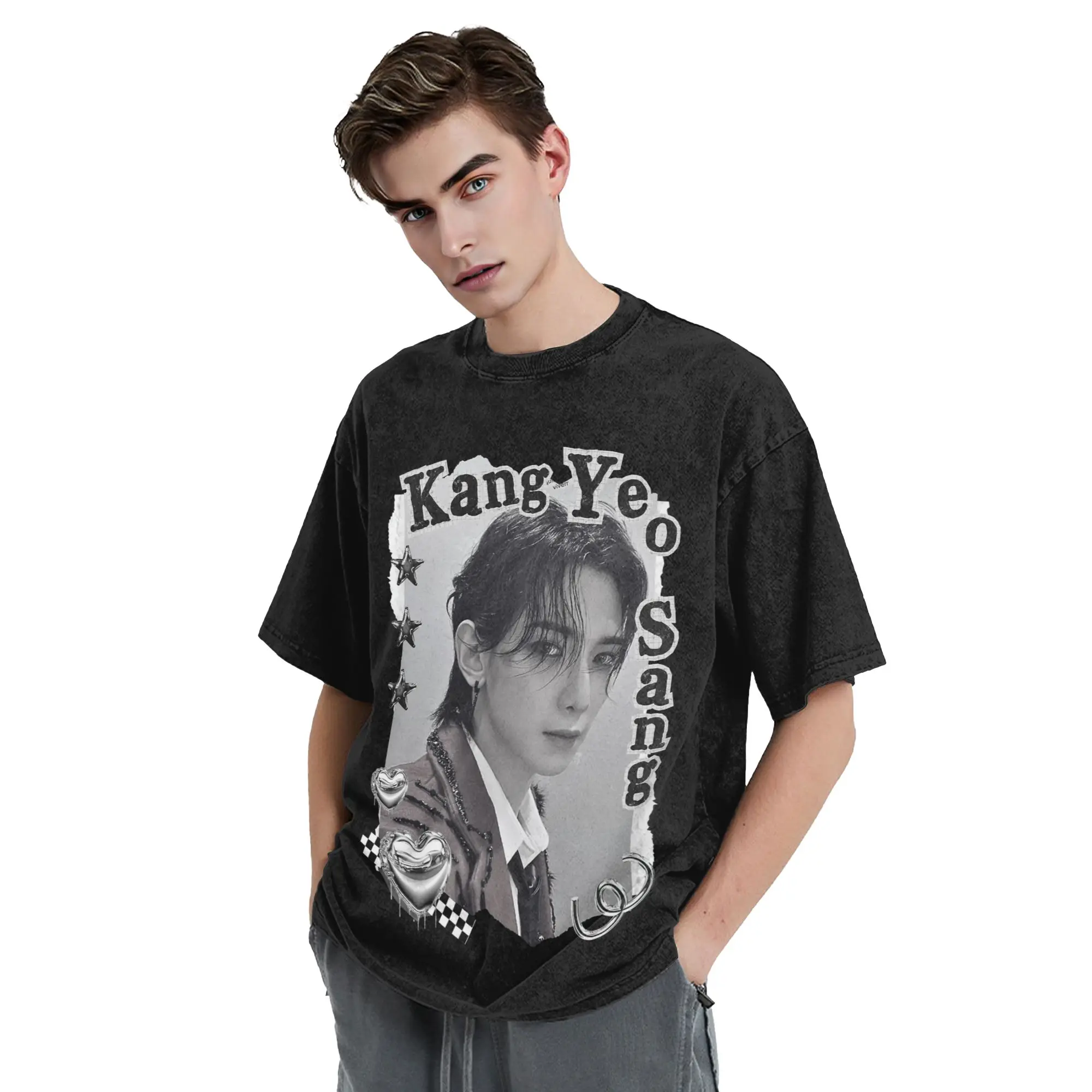 Kpop Boy Group A-Ateez Yeosang Washed T Shirts Streetwear  Vintage T-Shirts  Tees for Men Women Cotton Harajuku Summer