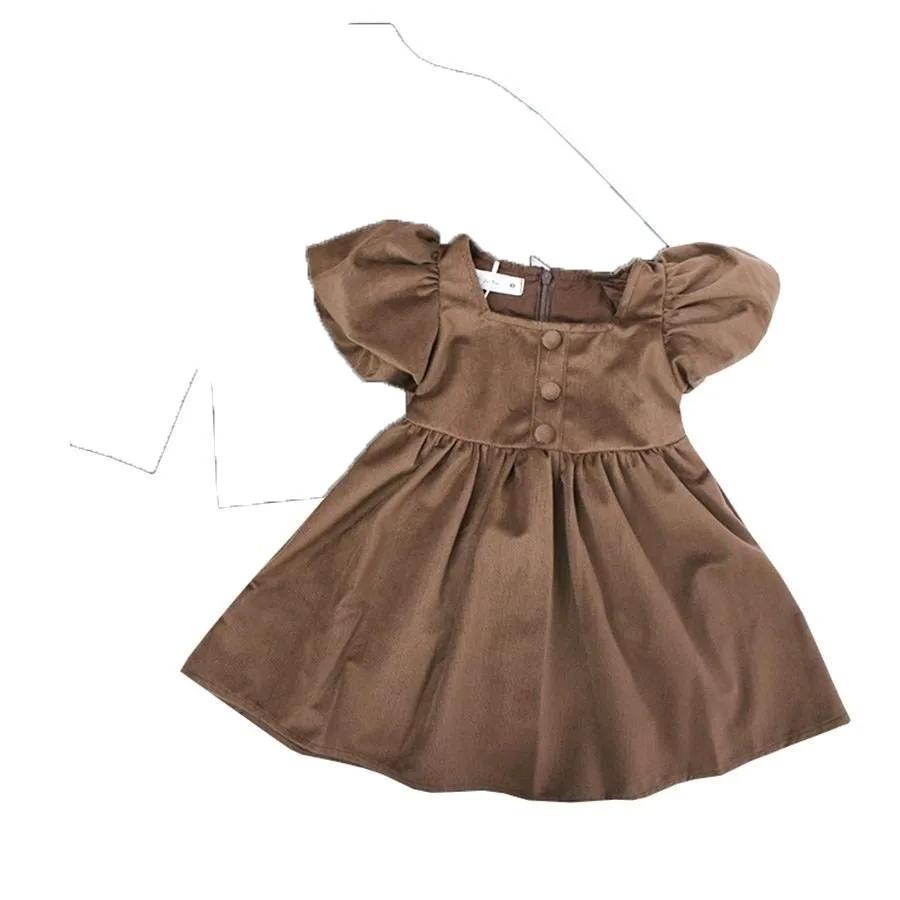 

Осенние вельветовые платья для маленьких девочек, комбинезон с короткими рукавами-фонариками, платье для маленьких девочек, Весенняя желтовато-коричневая детская одежда