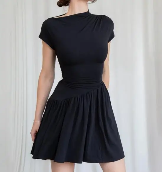 

Women Dresses 2026 Spring Summer New Fashionable Slim Back Strap Fold Solid Color Short Sleeve Casual Diagonal Collar Mini Dress