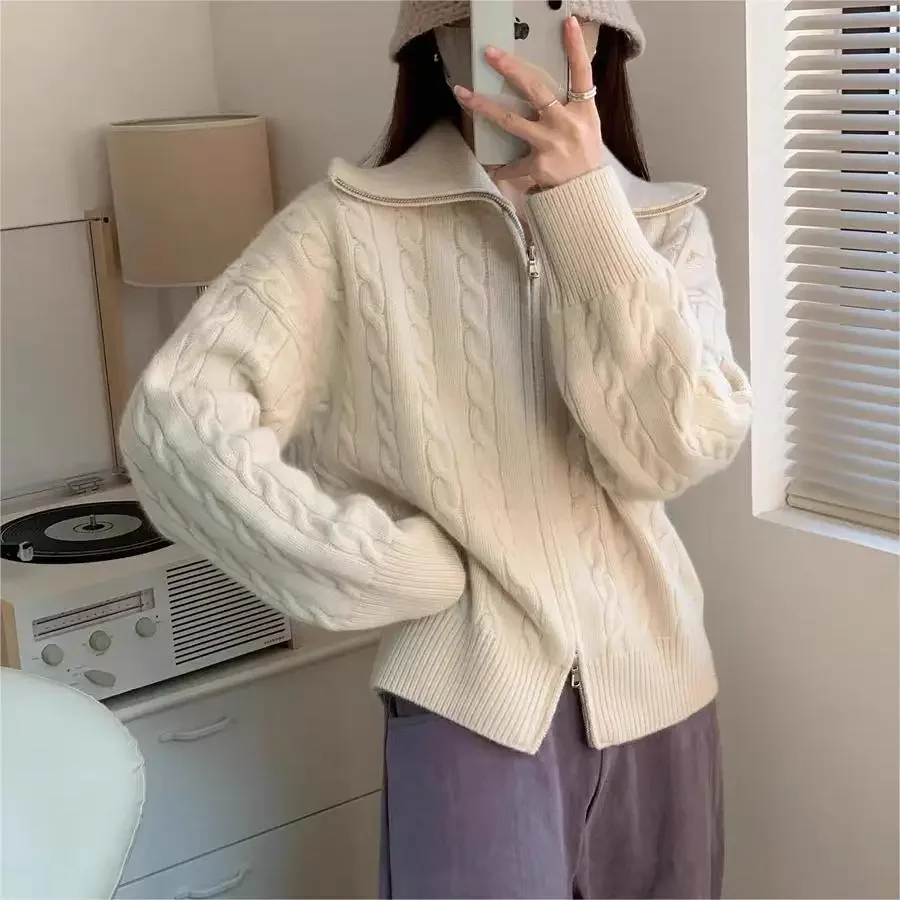 Polo Fried Dough Twists solid color knitting cardigan for women's autumn and winter new loose outer double zipper sweater coat