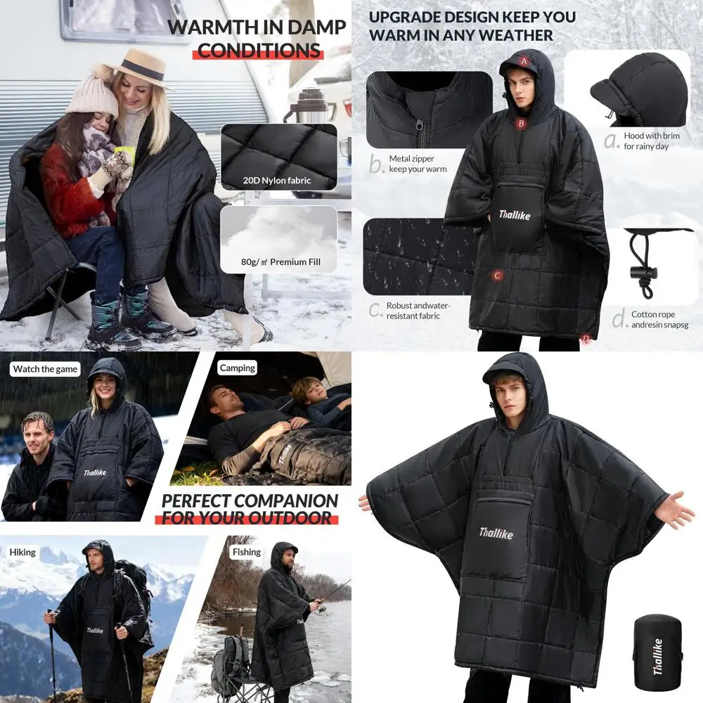

Hooded Camping Blanket with Zipper Pocket, 85x61 Inches, Lightweight Warm Sleeping Bag, Windproof Poncho for Outdoor Activities