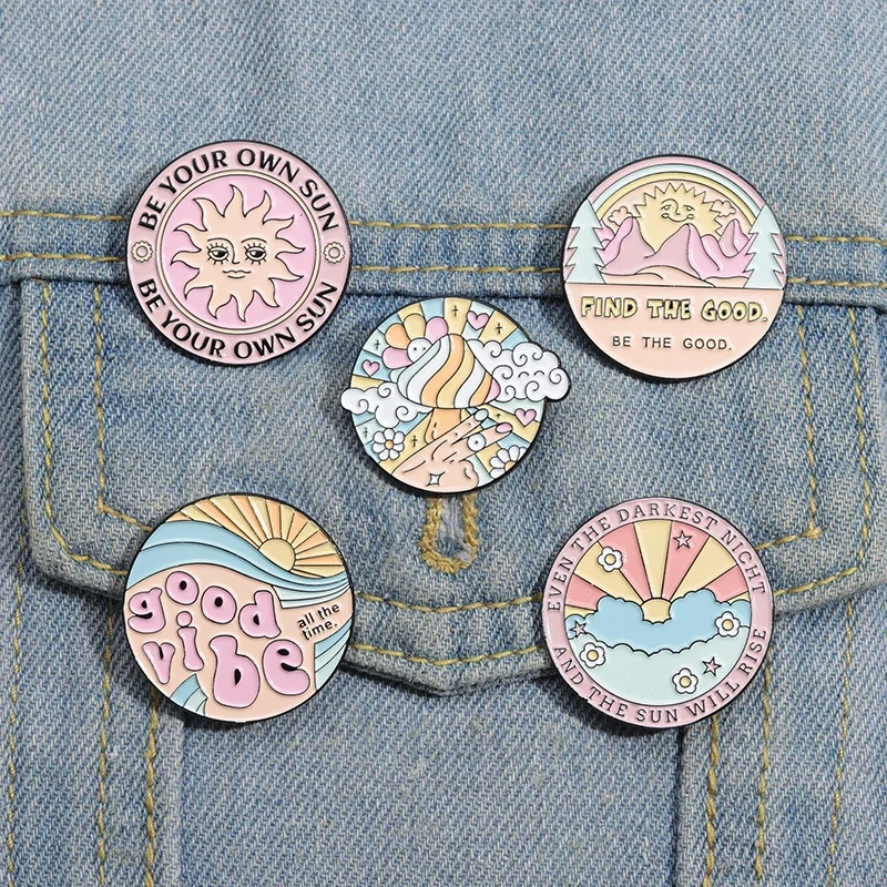 Cartoon Good Vibe All Time Enamel Pins Cute Mushroom Sun Mountains Brooches Flower Sunrise Lapel Badges Clothes Backpack Jewelry