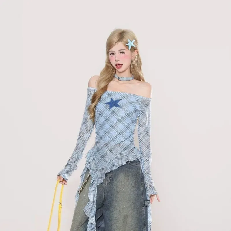 Fairy Y2k Graphic T-shirt Aesthetic American Retro Checkered Bow Off-the-Shoulder Long-Sleeve T-Shirt for Women Top Slim Tops