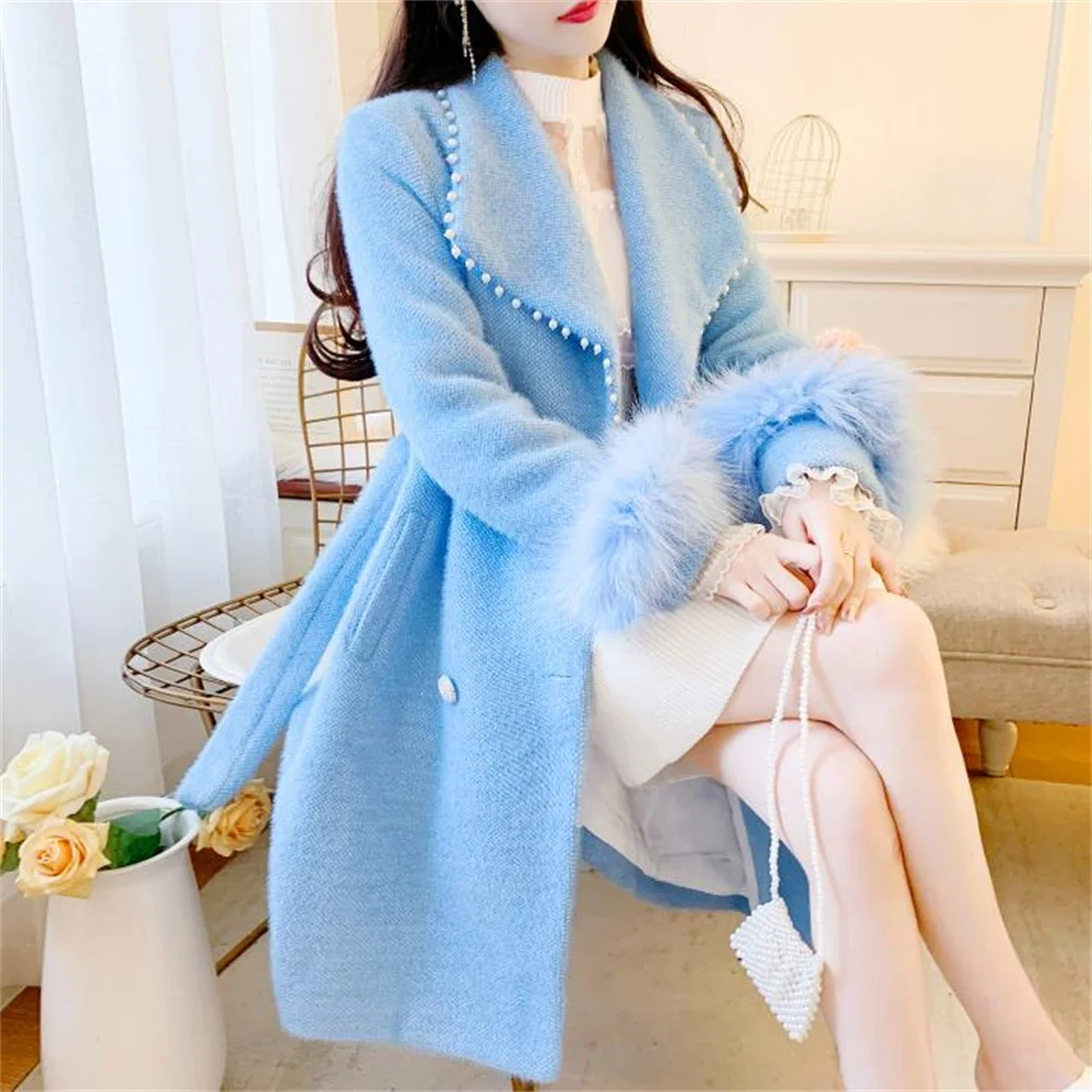 

New pearl fur velvet coat women 2023 winter ladies thick long woolen coat