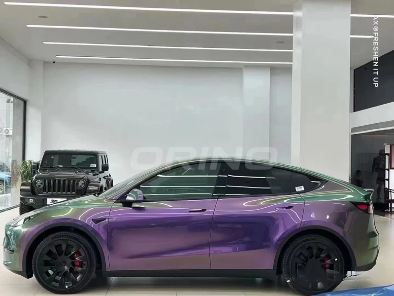 

PET Glossy Metallic Chameleon Car Vinyl Wrap Green to Purple Diamond Stretch Film Roll Adhesive Decal Air Release