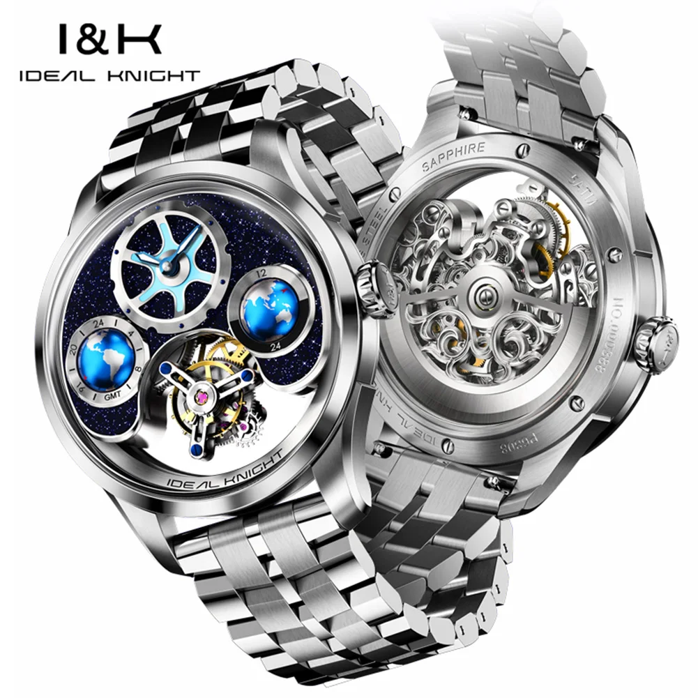 IDEAL KNIGHT 100% Tourbillon Automatic Movement for Men Blue Earth TOP Luxury Multifunctional Male Wristwatch Mature Men Watches