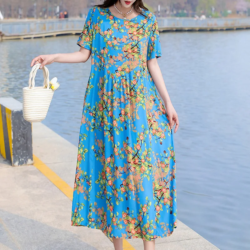 فساتين صيفية عصرية غير رسمية جديدة للنساء 2025 فستان نسائي عتيق أنيق بأكمام قصيرة مطبوع برقبة دائرية ملابس نسائية #1