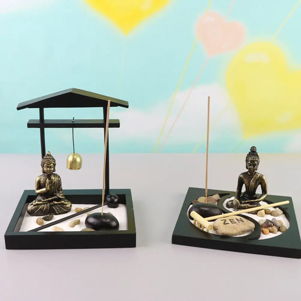 Zen Garden Miniature Landscape Sand Tray with Buddha Statue for Desk Meditation Relaxation Anxiety Relief Tabletop Decor Calming