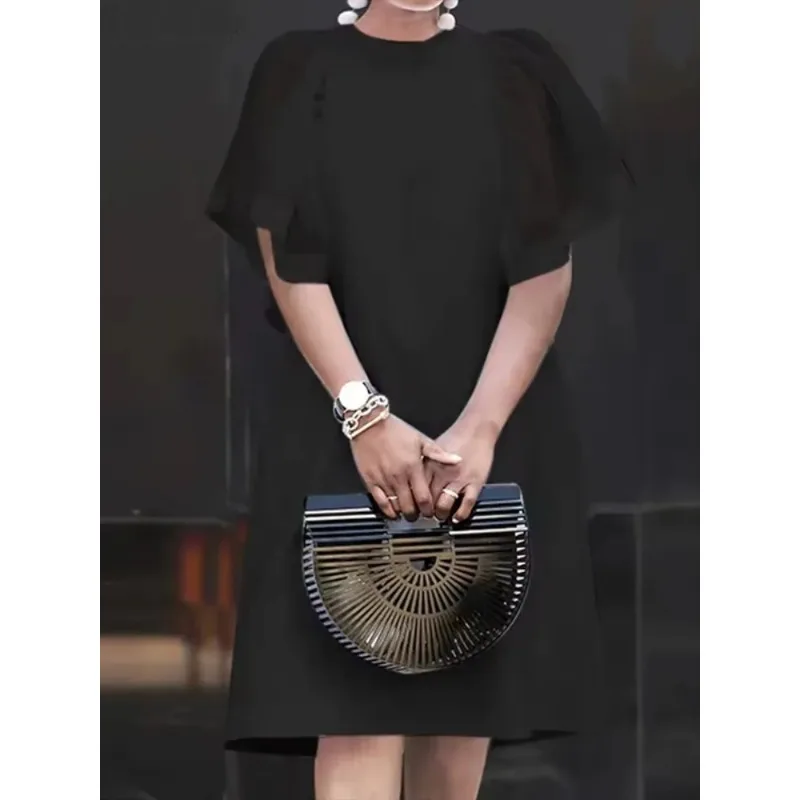 Tinaa 3colors Przezroczysta Sukienka Damska 2025 Biurowa Luźny Krój Prosty Bufiasty Rękaw Okrągły Dekolt Eleganckie Sukienki do Pracy 184359