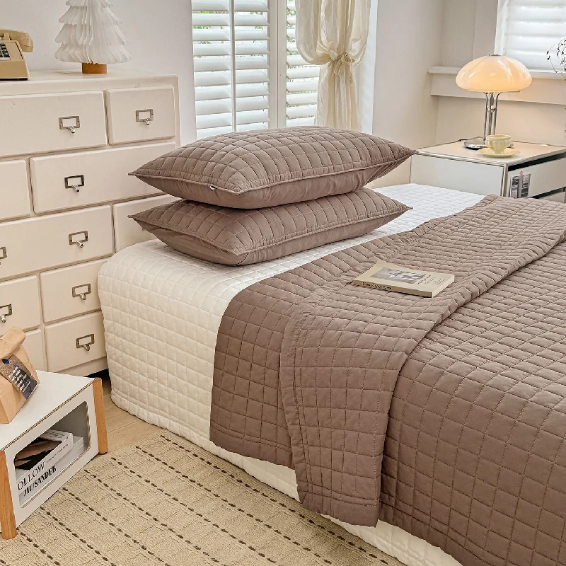 3PCS Reversible Quilted Coverlet Set, Plaid Grid Stitch Solid Color Cotton Blanket, Lightweight All-Season Bedspread for Home