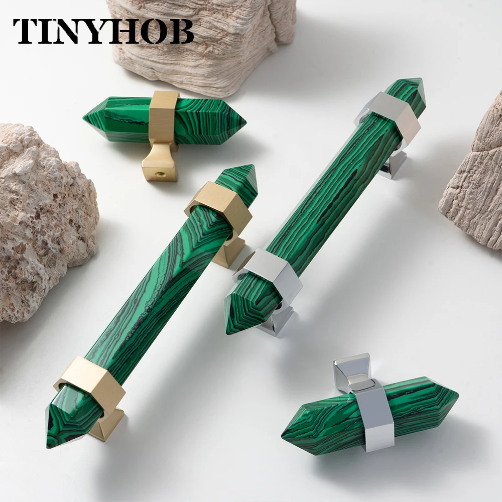 Crystal Cabinet Handles Amethyst / Synthetic Malachite Drawer Pulls with Brass Bases for Kitchen Bedroom Furniture Decoration