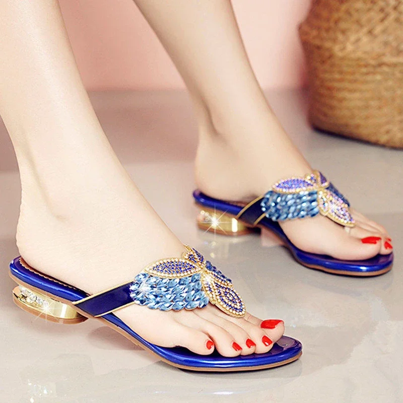 Water Diamond Slippers For Women Summer Outwear, Low Heel Bohemian Beach Shoes, Holiday Flip Flops, Sandals Wholesale