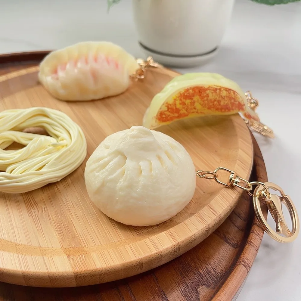 Realistic Food Keychain Miniature Dumpling Steamed Bun Noodle Bag Charm with Gold Tone Key Ring and Clip for Purse or Backpack