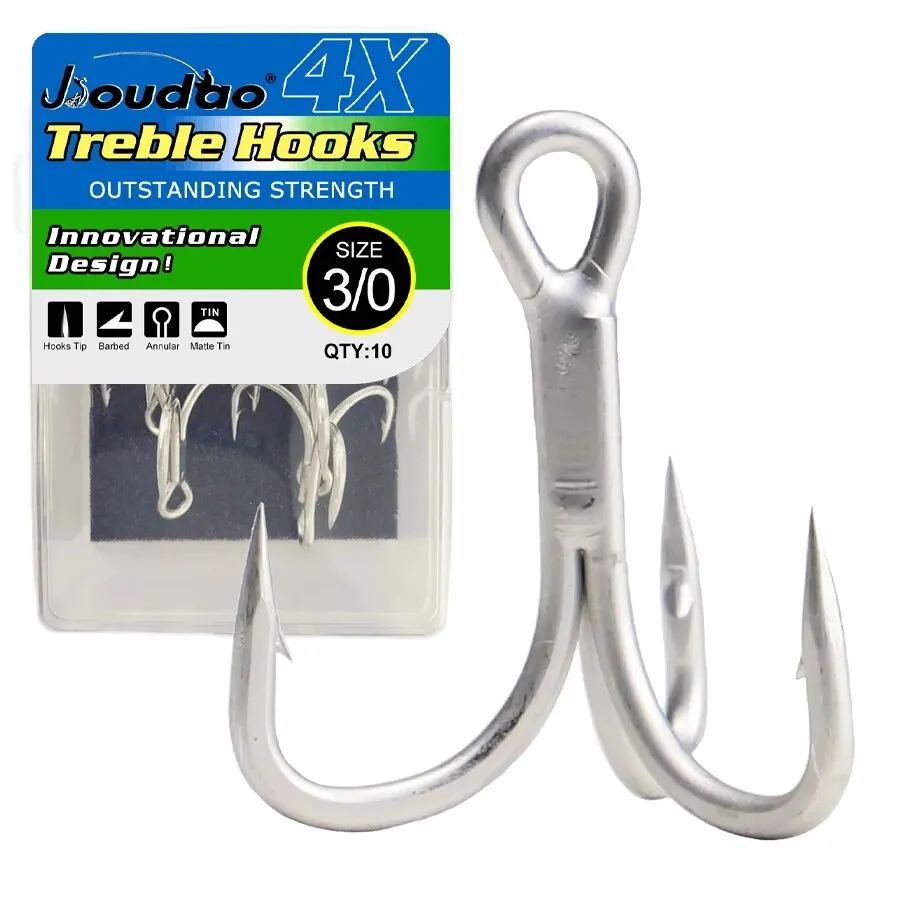 Fishing Treble Hooks High Carbon Steel 4X Strong Sharp Barbed Fishhook for Lures Baits Fishing 10Pcs/Box 8 Sizes 8#-3/0