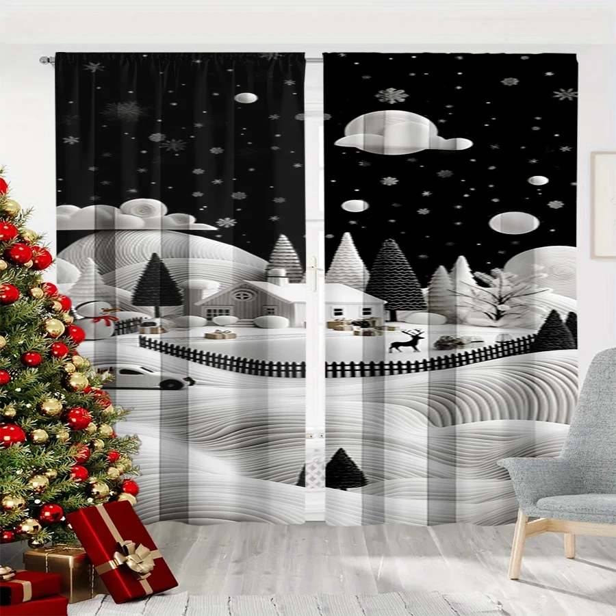 2PCS Christmas Winter Curtains, Paper Art Christmas Village Snowman Reindeer, Digital Print, Bedroom Living Room, Home Decor