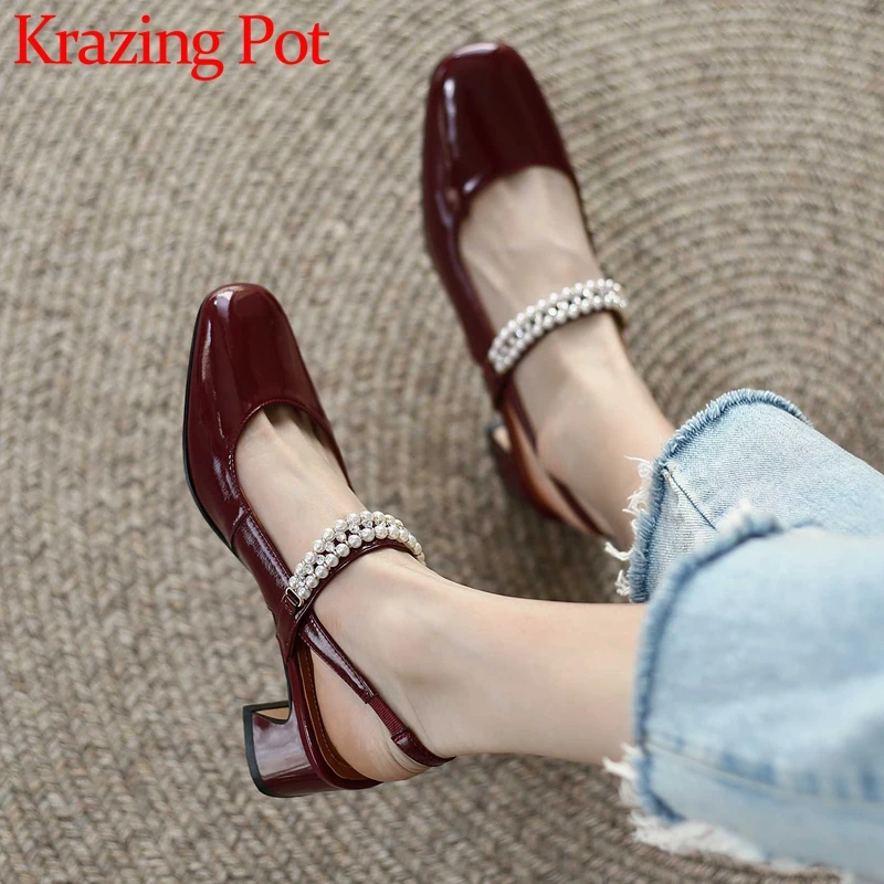 

Krazing Pot New Sheep Patent Leather Round Toe Med Heel Mary Janes Pearl Decoration Elastic Band Shallow Elegant Women Pumps L19