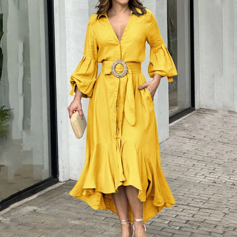 

Fashion Women Waist Solid Swing Beach Dresses Elegant V-neck Ruffle Long Dress Spring Casual Lantern Sleeve Button Party Dress