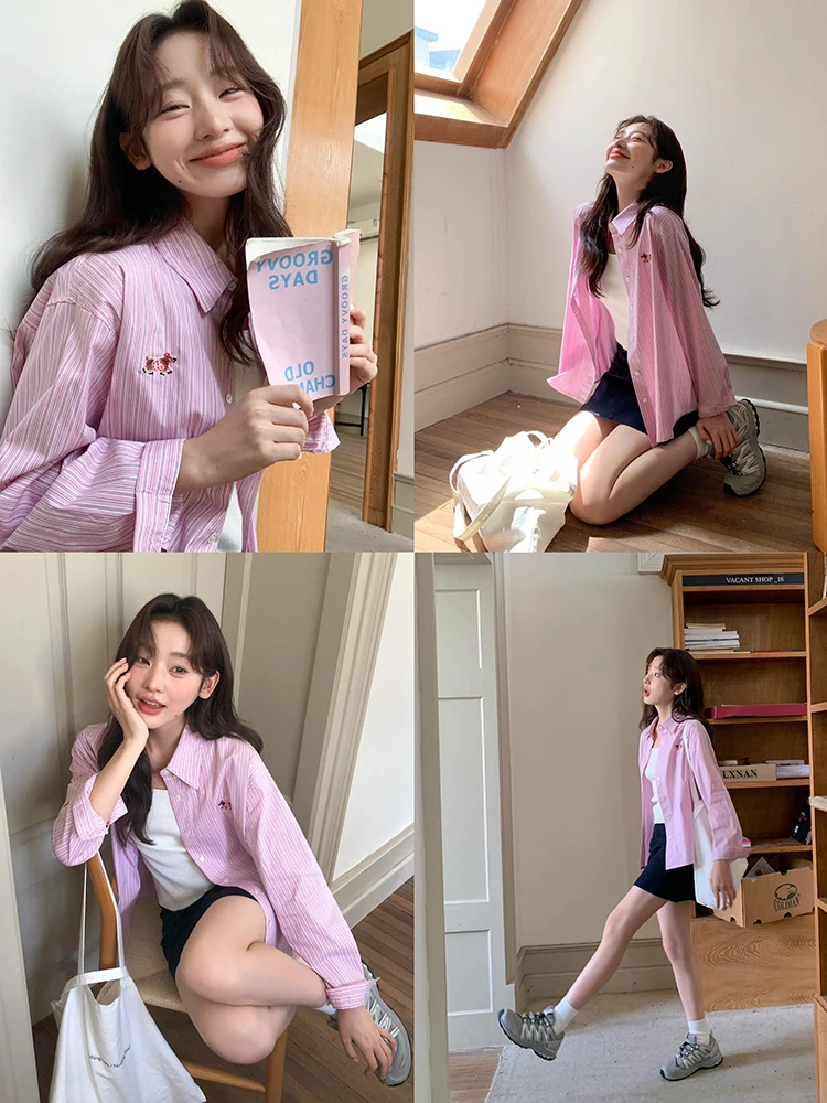 

Ele Pink Striped Long Sve irt Jaet Women's Spring 2026 New Design Age-Defng Casual Loose Fit Breathable Skin-Fri...