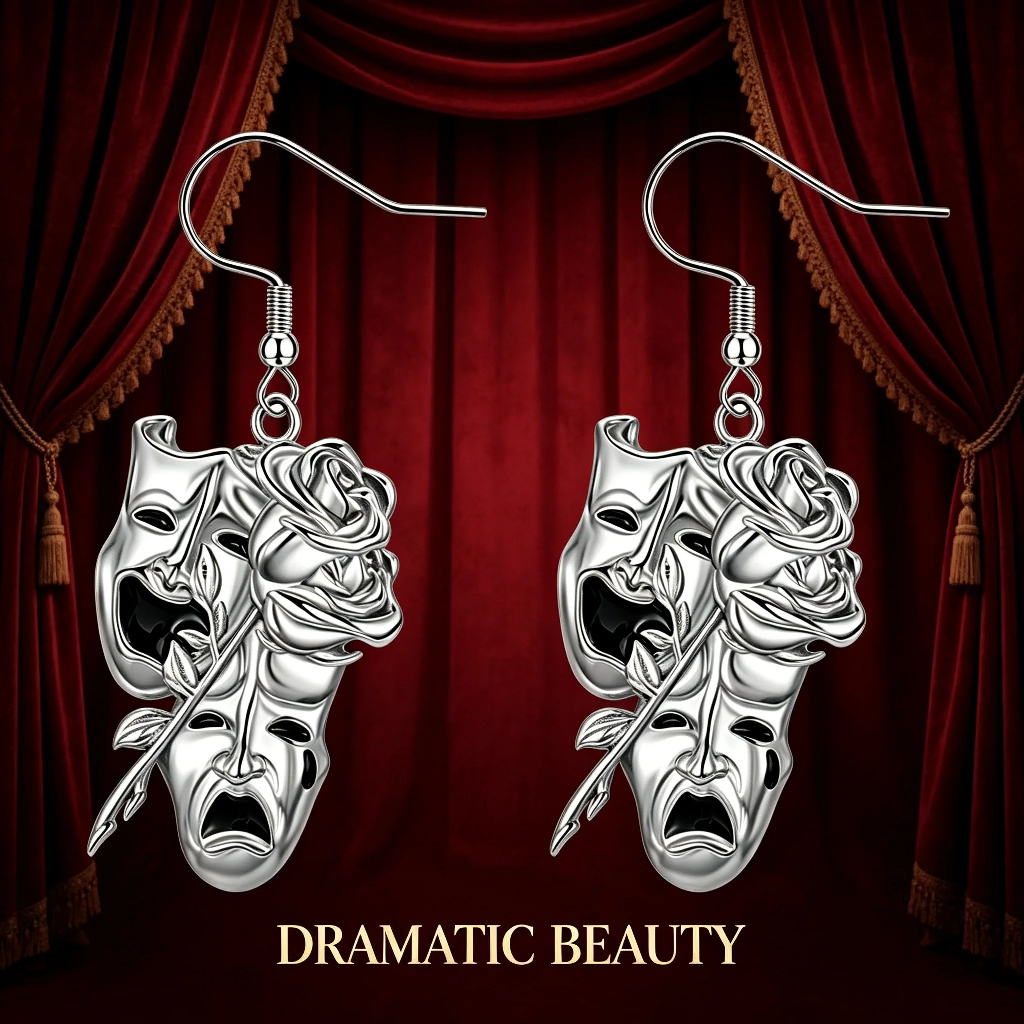 Vintage Silvery Zinc Alloy Drama Mask Rose Dangle Earrings Theater Actor Actress Jewelry for Women Girls Gift