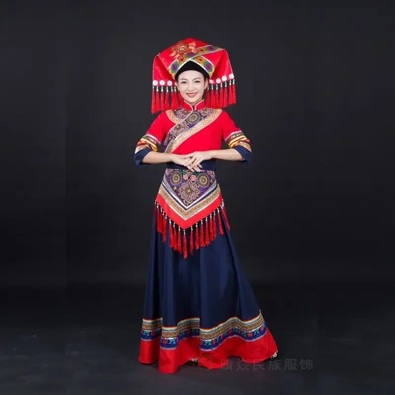 Guangxi Zhuang March 3 Costume Female Adult Dance Performance Minority Clothing 4-piece Set